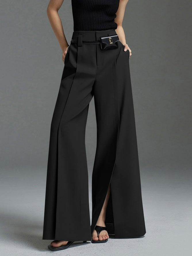 Loose Wide Leg High-Waisted Pleated Split-Front Pants Trousers