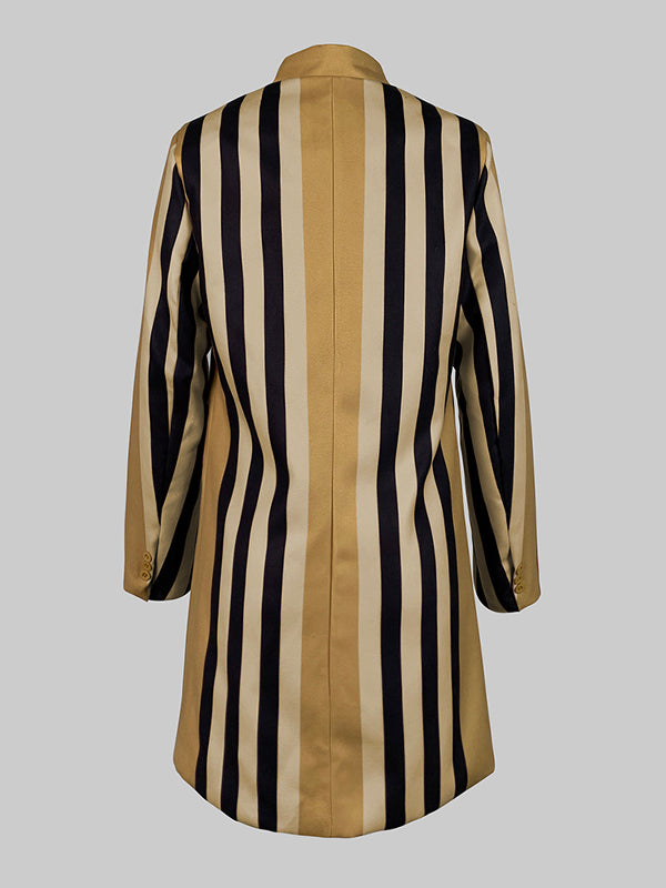 Buttoned Split-Joint Striped Long Sleeves Loose Stand Collar Woolen Coat