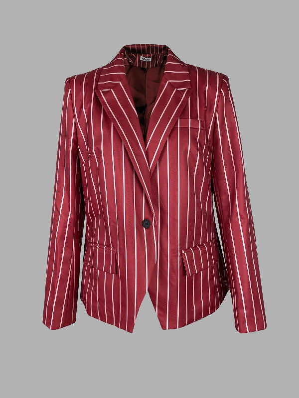 Striped Long Sleeves Loose Notched Collar Outerwear Blazer