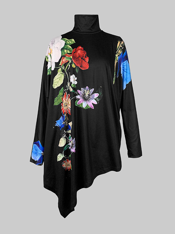 Flower Print Irregularity Long Sleeves High Neck T-Shirts Tops