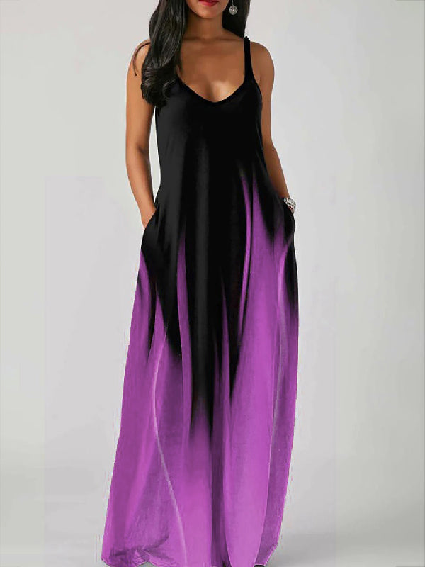 Loose Sleeveless Contrast Color Gradient Spaghetti-Neck Maxi Dresses