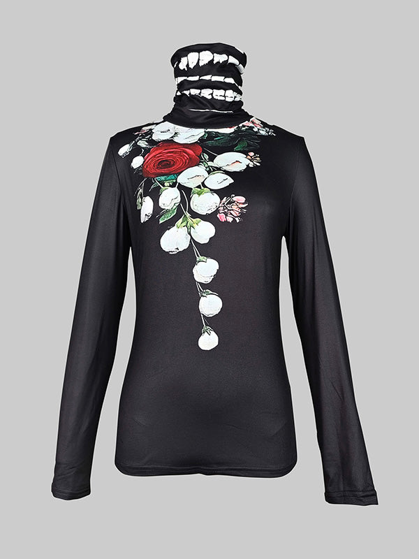 Flower Print Split-Joint Long Sleeves Skinny High Neck T-Shirts Tops