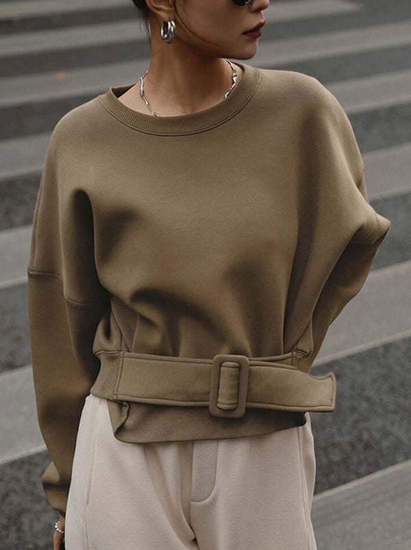 Belt Buckle Solid Color Long Sleeves Loose Round-Neck Sweatshirt Tops