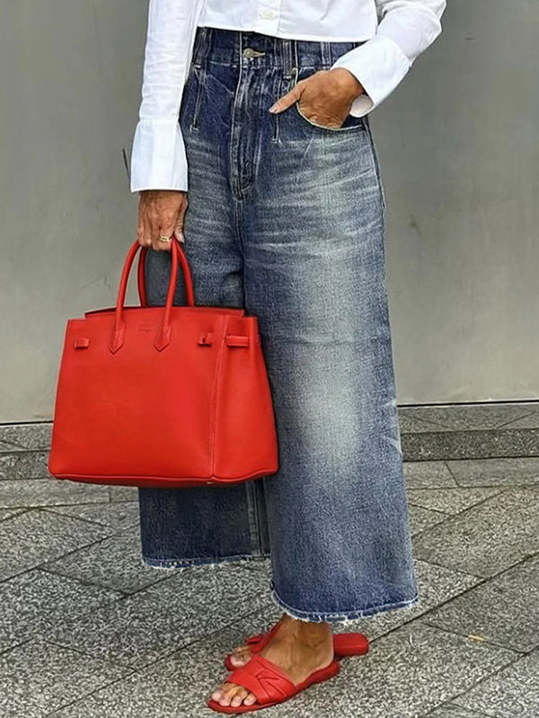 Buttoned Fringed Pockets Loose Wide Leg Jean Pants Bottoms