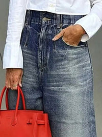 Buttoned Fringed Pockets Loose Wide Leg Jean Pants Bottoms