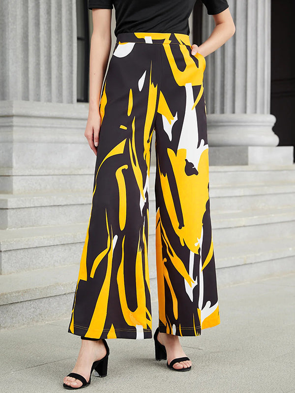 Urban High-Waisted Contrast Color Printed Wide Leg Pants