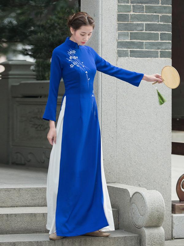 Tradition Blue Long Cheongsam Ao Dai