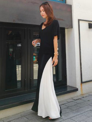 Black&White Split-joint V-neck Long Dress