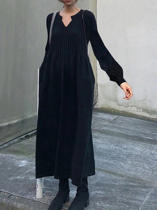 Causal Loose Solid Color Pleated V-Neck Long Puff Sleeves Sweater Dres ...