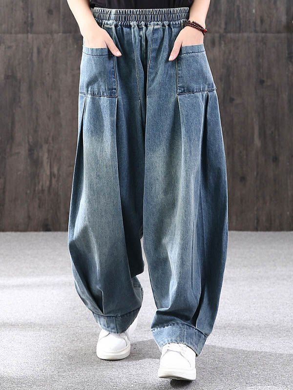 Leisure Solid Denim Puff Pants Bottoms